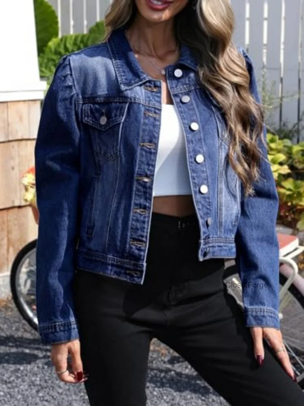 Puff Sleeve Cropped Denim Jacket Button Down Jean Jacket